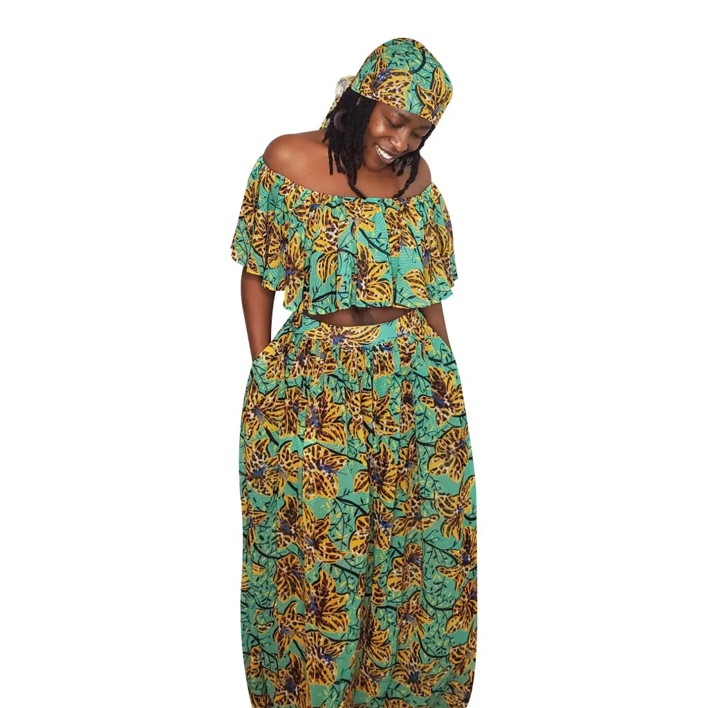 Green Floral Chiffon Ruffle Top