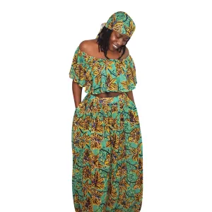 Green Floral Chiffon Ruffle Top