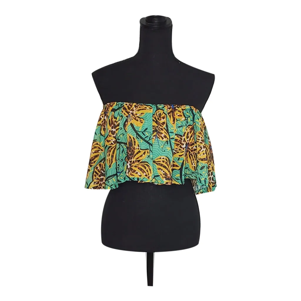 Green Floral Chiffon Ruffle Top