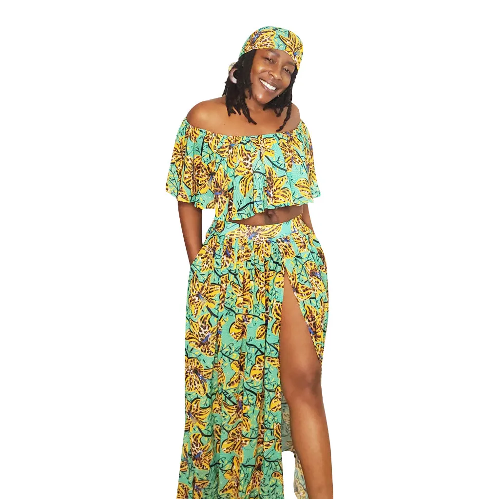 Green Floral Chiffon Ruffle Top