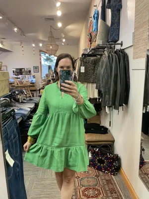 Green Long Sleeve Trim Dress