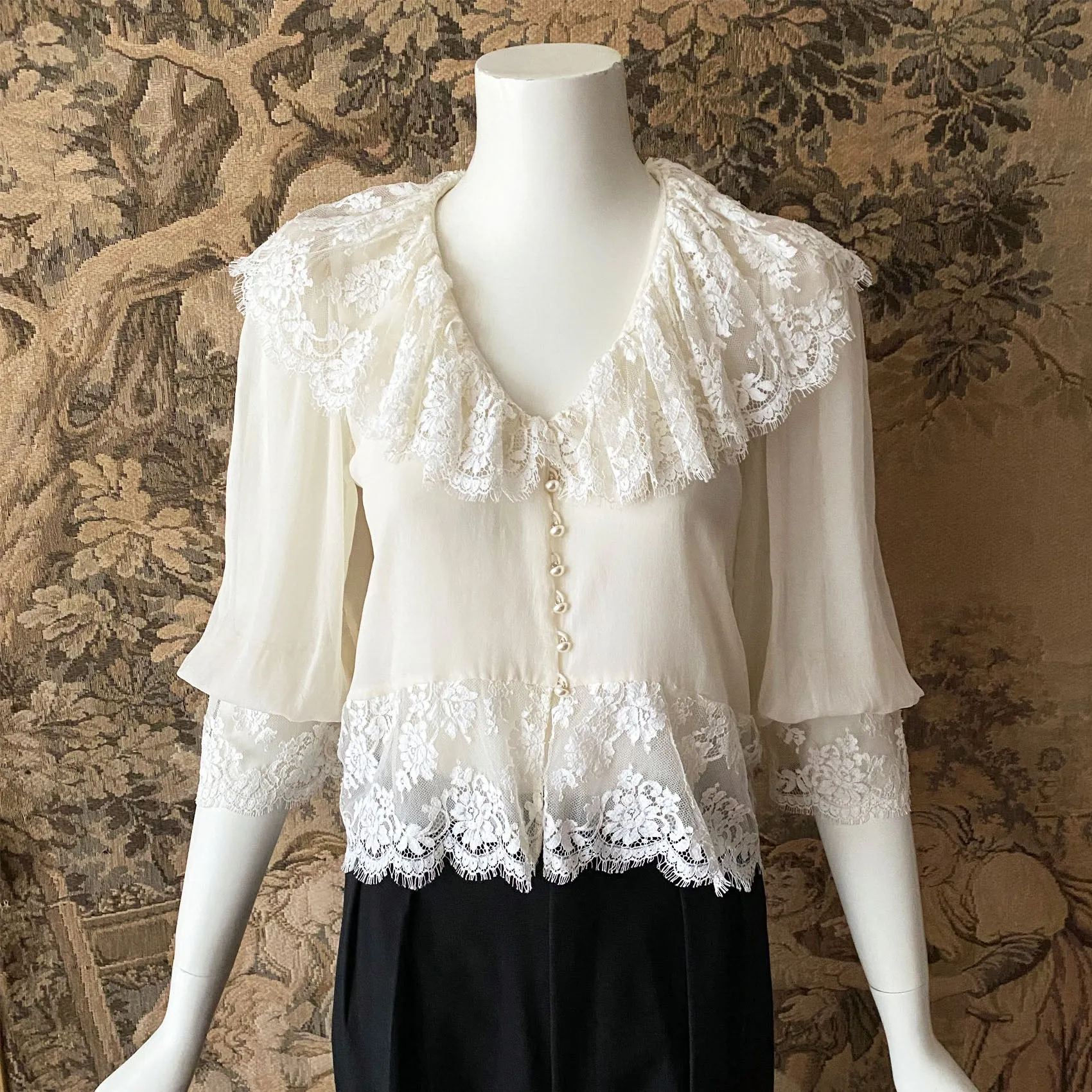 Hanae Mori 1980s Silk & Lace Blouse