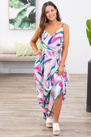 Hot Pink and Green Abstract Print Maxi Dress