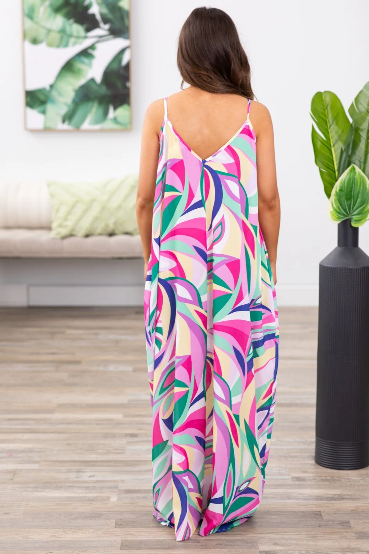 Hot Pink and Green Abstract Print Maxi Dress