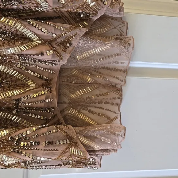 Joanna Hope Gold and Brown Embellished SequenceTiered High Low Maxi Formal Dress