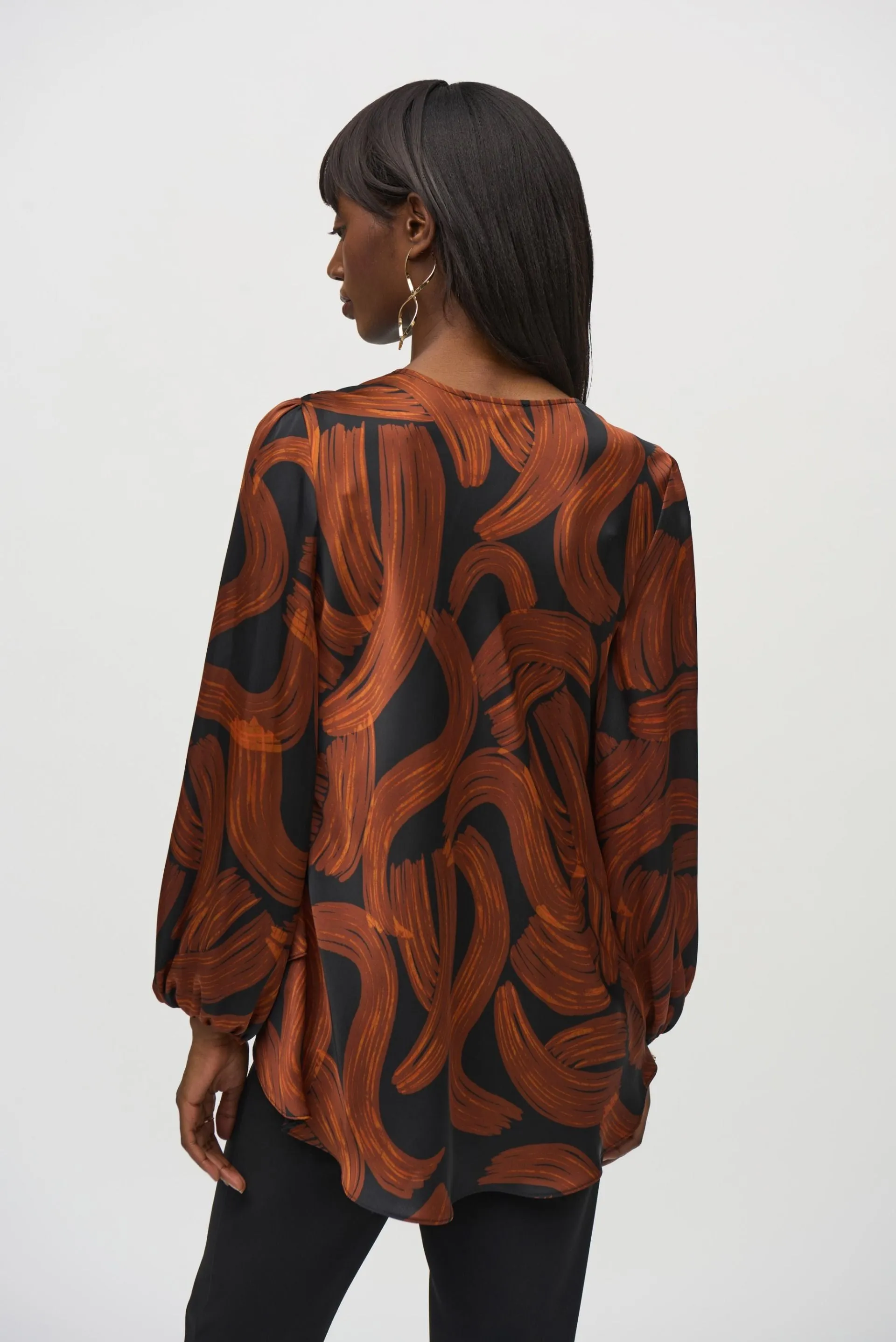 Joseph Ribkoff Black/Brown Brushstroke Print Cowl Neck Satin Top 244181