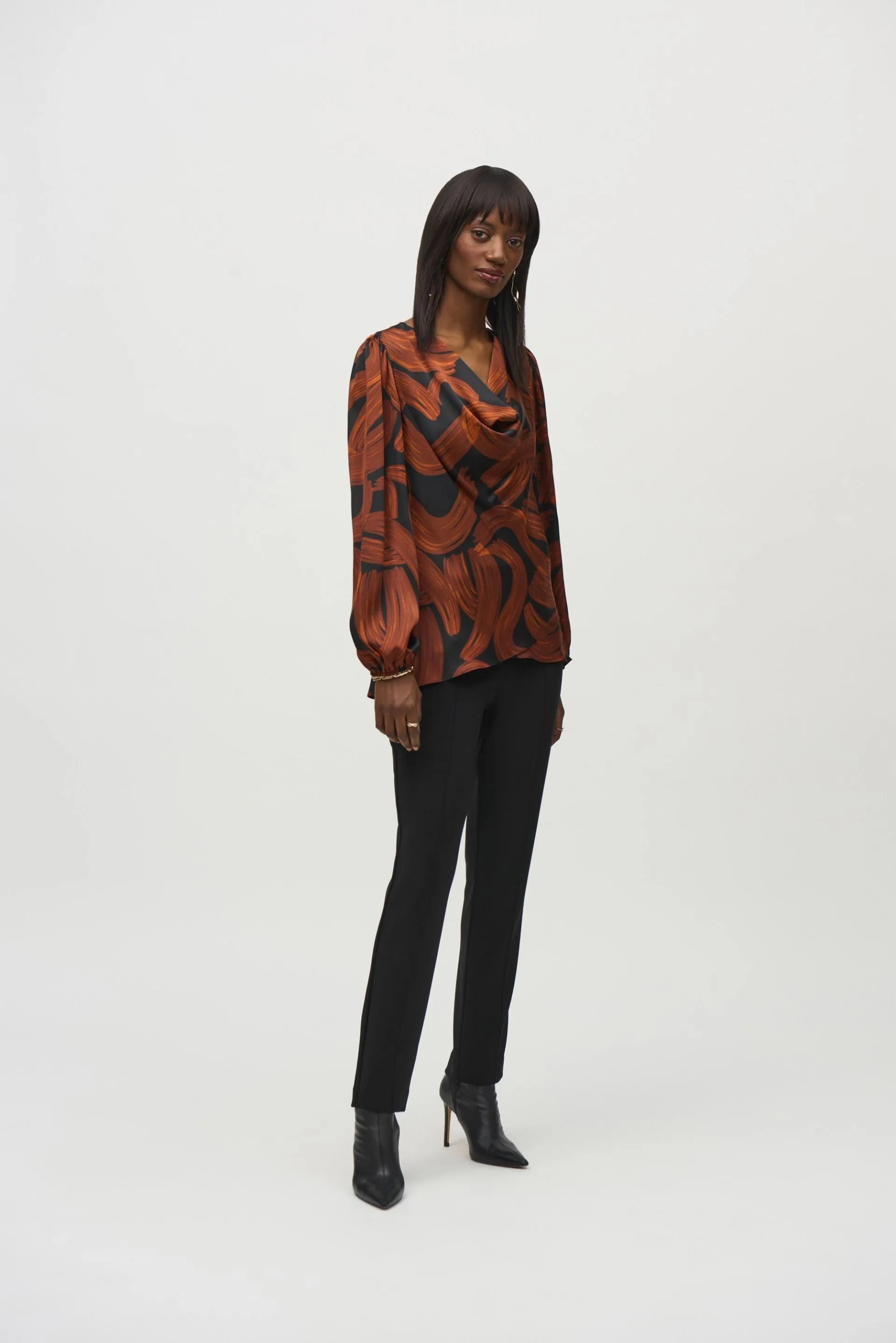 Joseph Ribkoff Black/Brown Brushstroke Print Cowl Neck Satin Top 244181