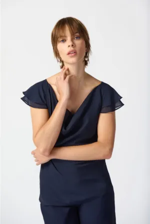 Joseph Ribkoff Midnight Blue Cowl Neck Tiered Flutter Sleeve Top 241177