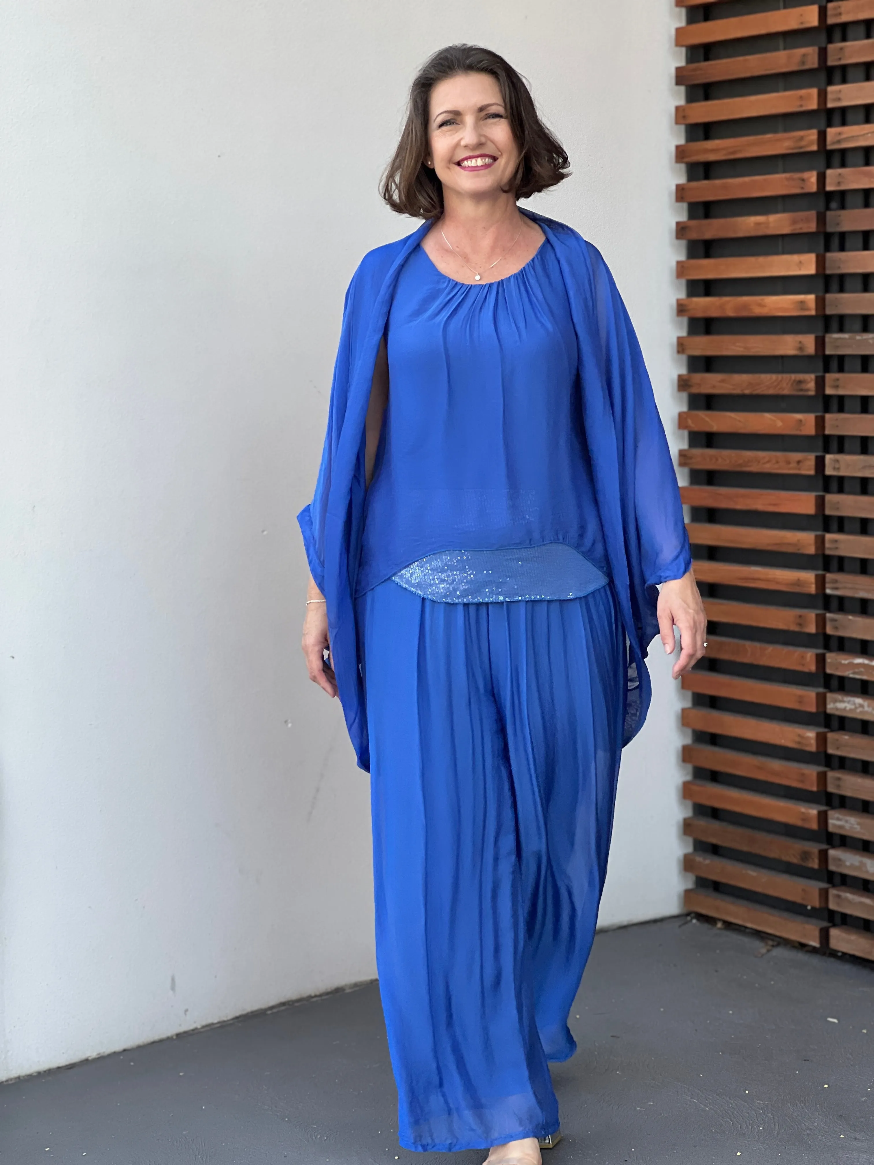 Leah Royal Blue Silk Top & Cardigan Set