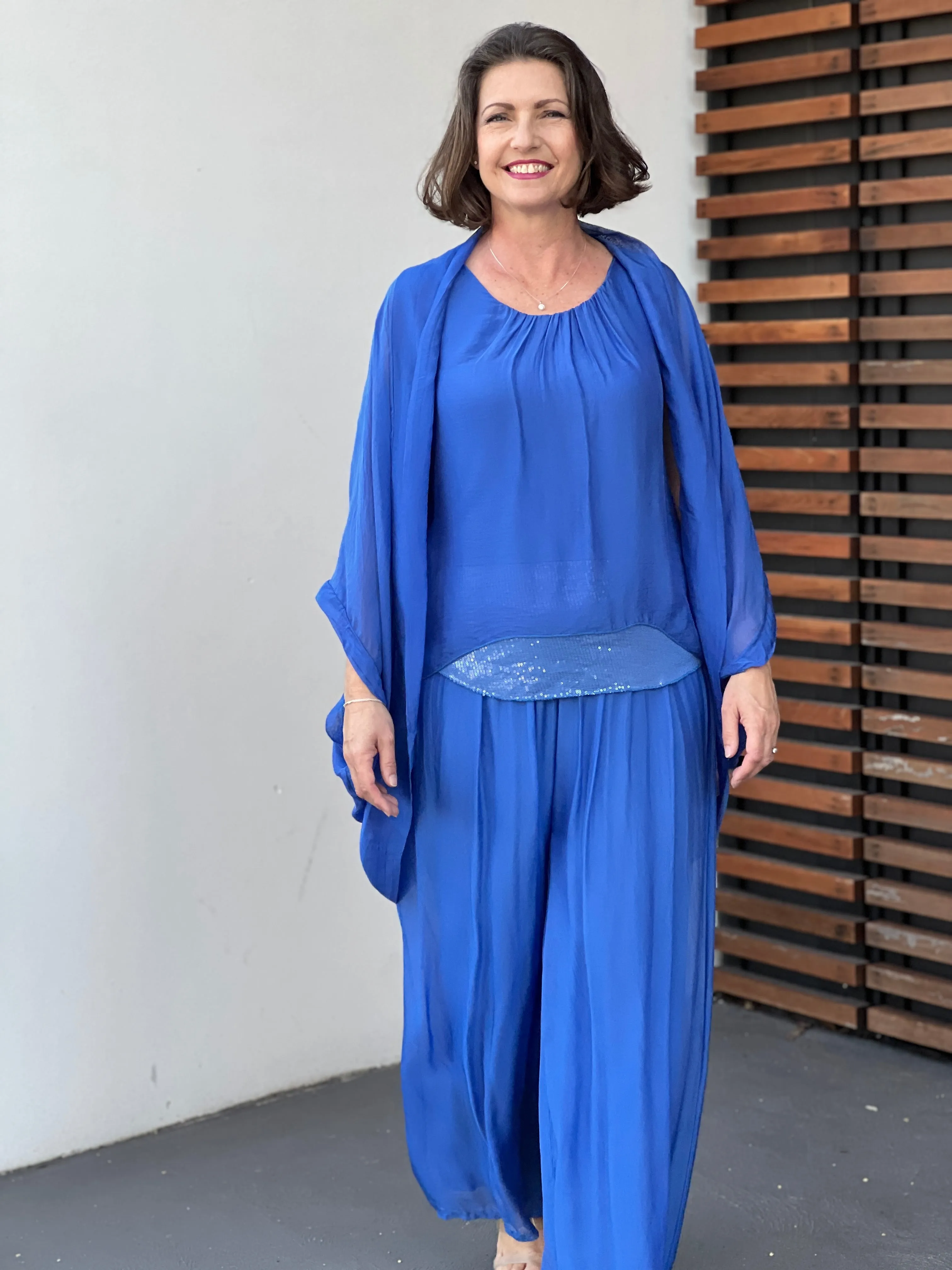 Leah Royal Blue Silk Top & Cardigan Set