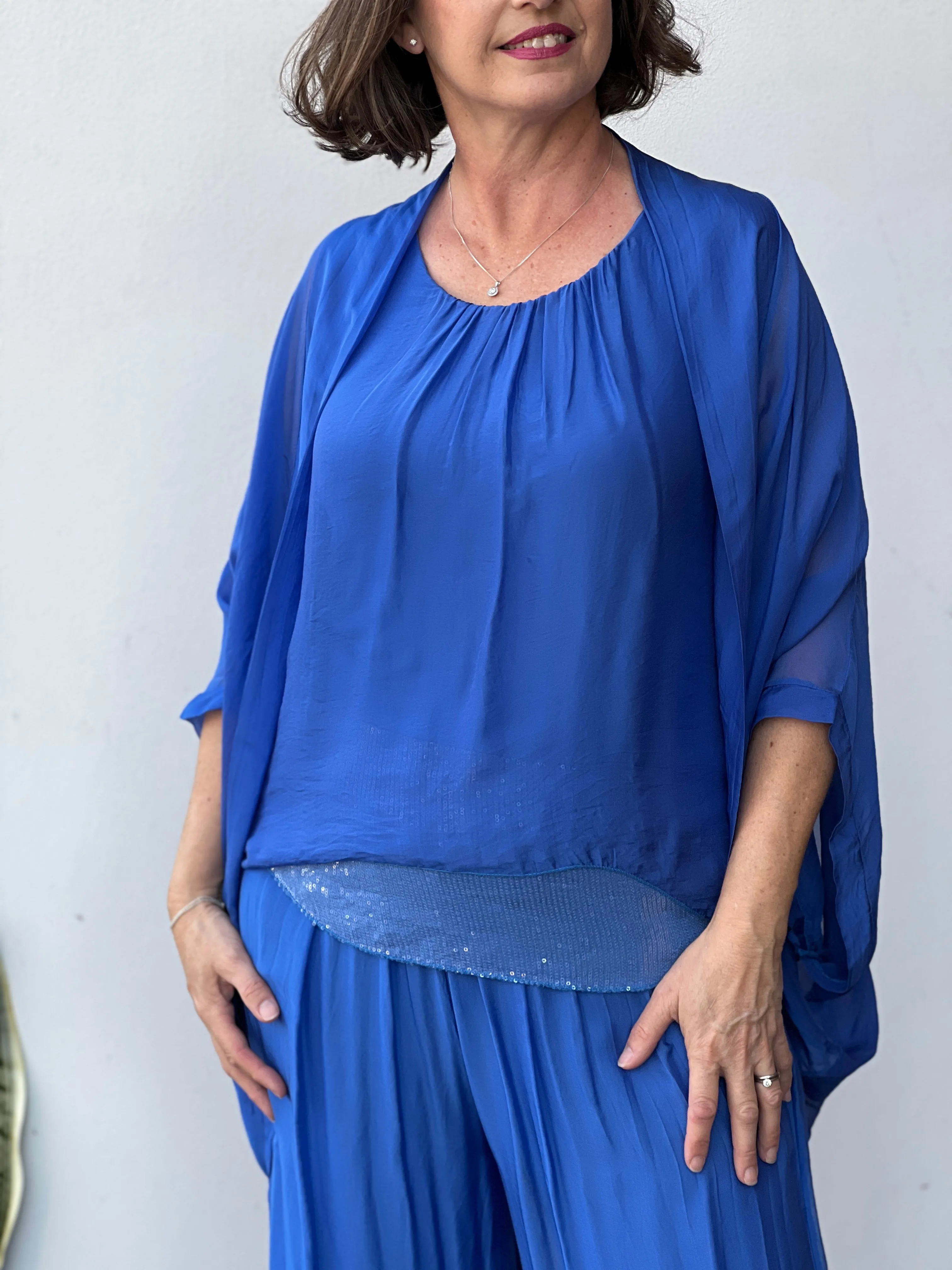 Leah Royal Blue Silk Top & Cardigan Set