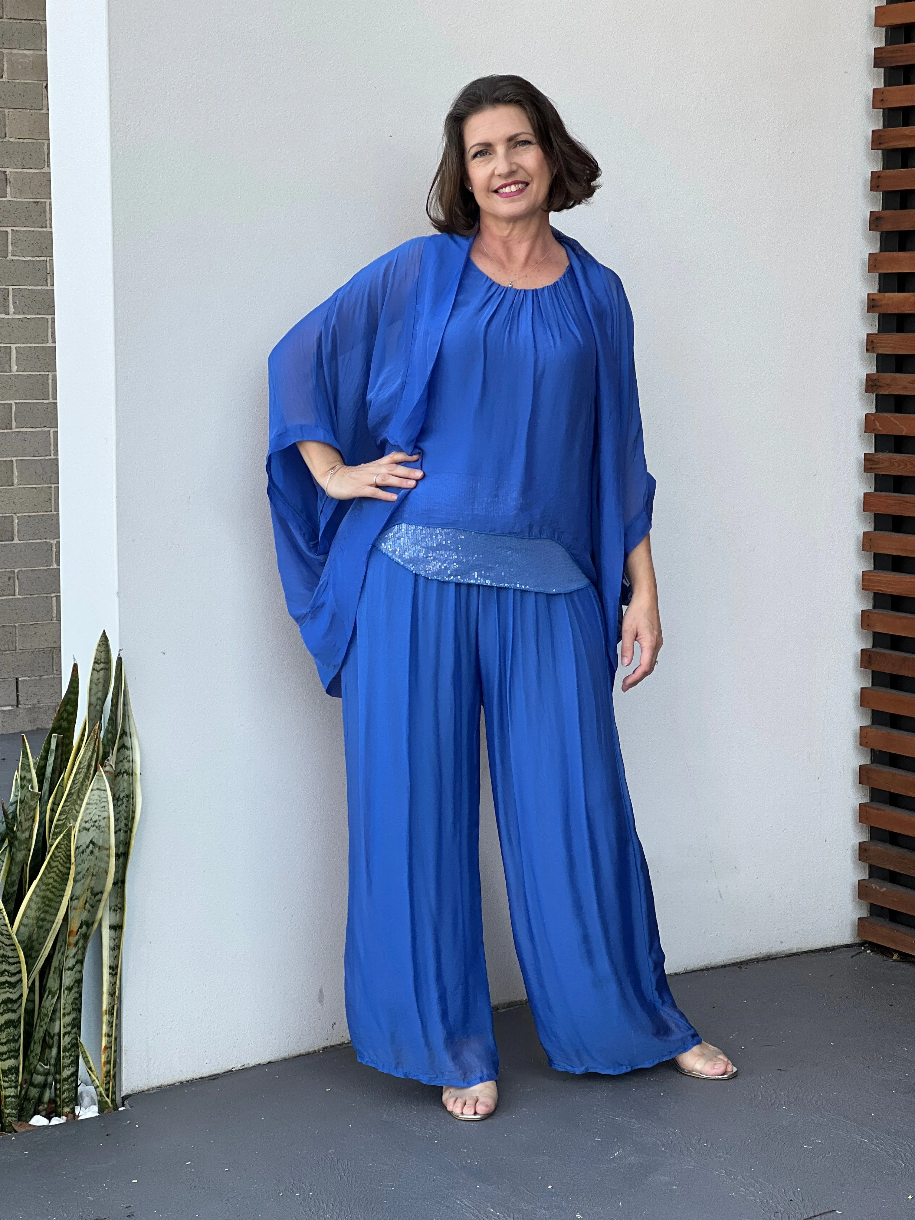 Leah Royal Blue Silk Top & Cardigan Set