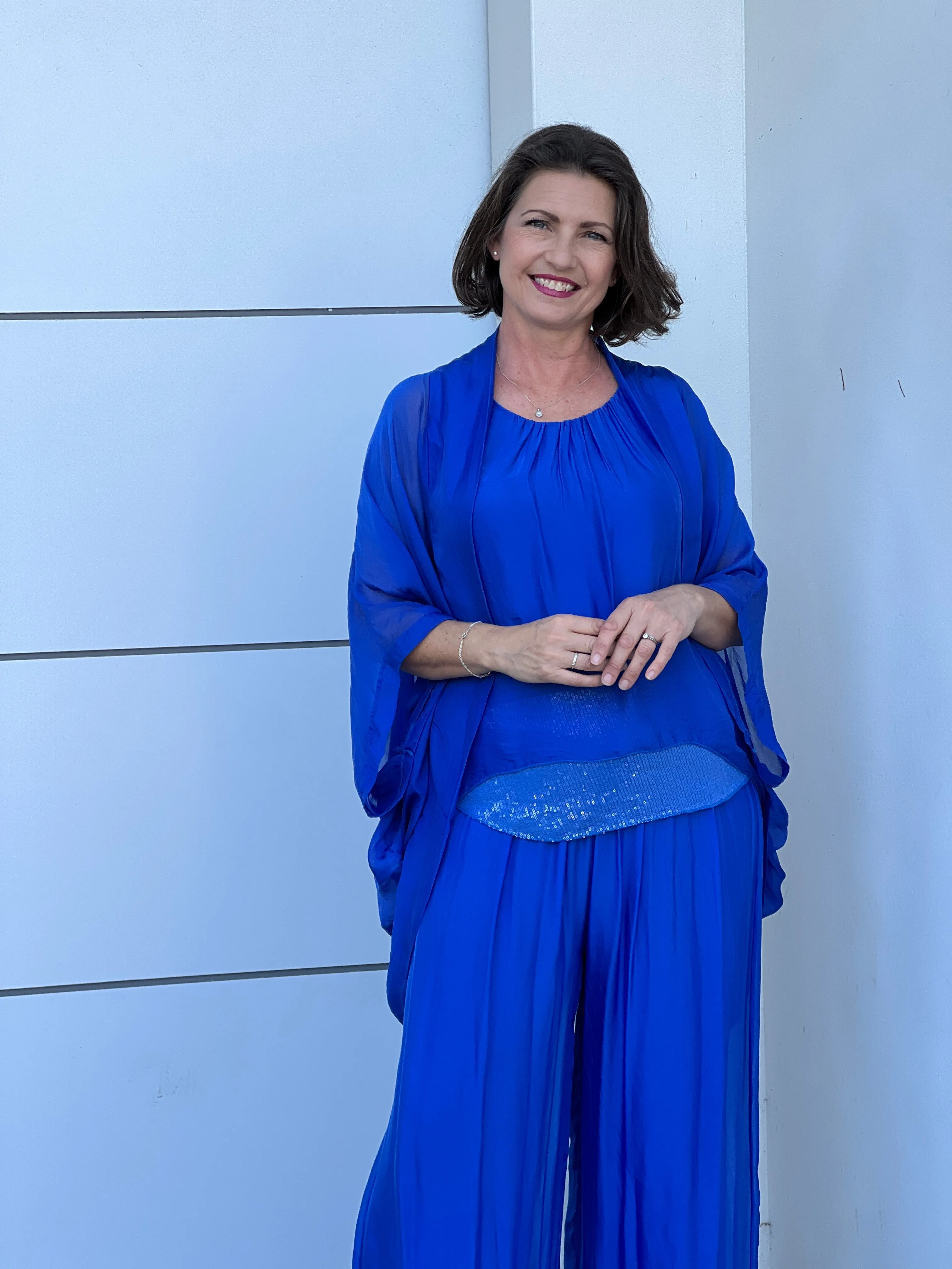 Leah Royal Blue Silk Top & Cardigan Set