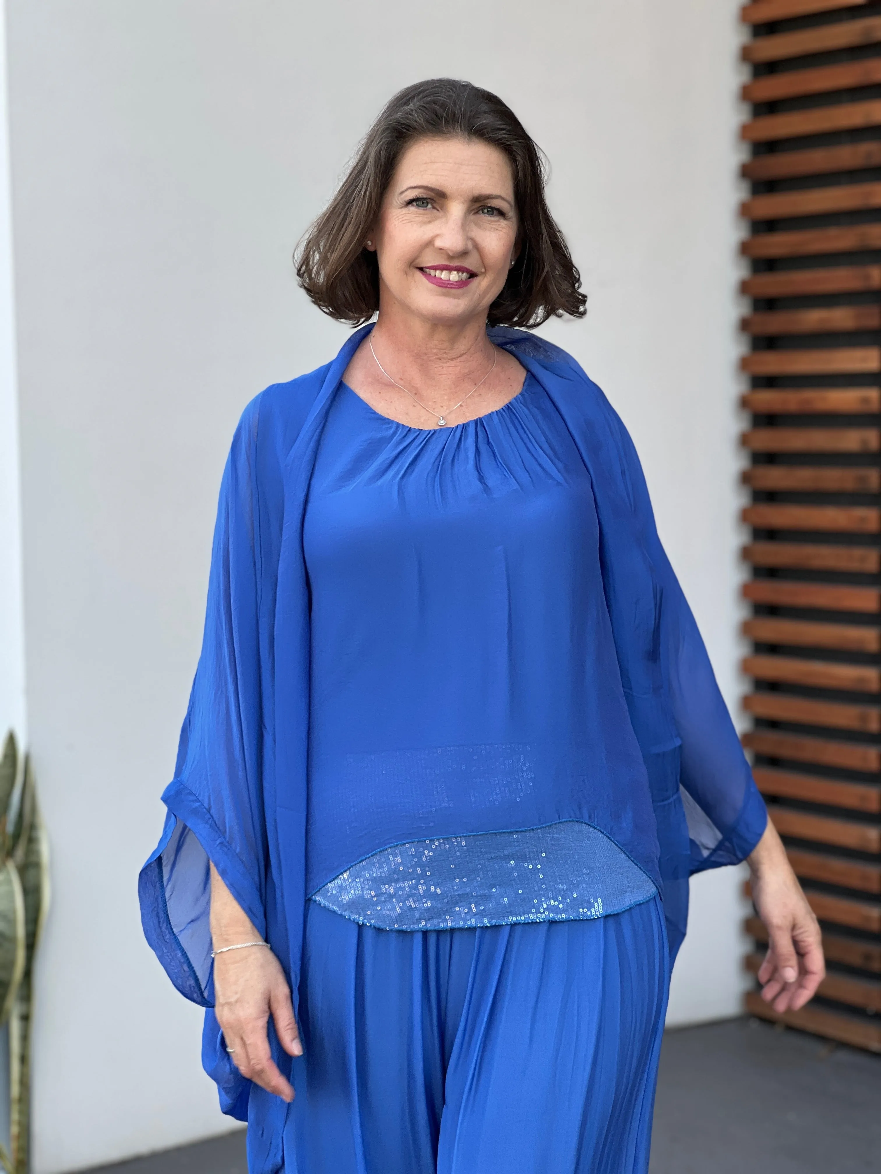 Leah Royal Blue Silk Top & Cardigan Set