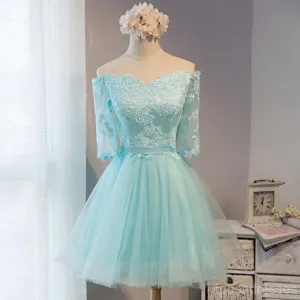 Long Sleeve Mint Lace Tulle Short Homecoming Prom Dresses, Affordable Short Party Prom Sweet 16 Dresses, Perfect Homecoming Cocktail Dresses, CM364