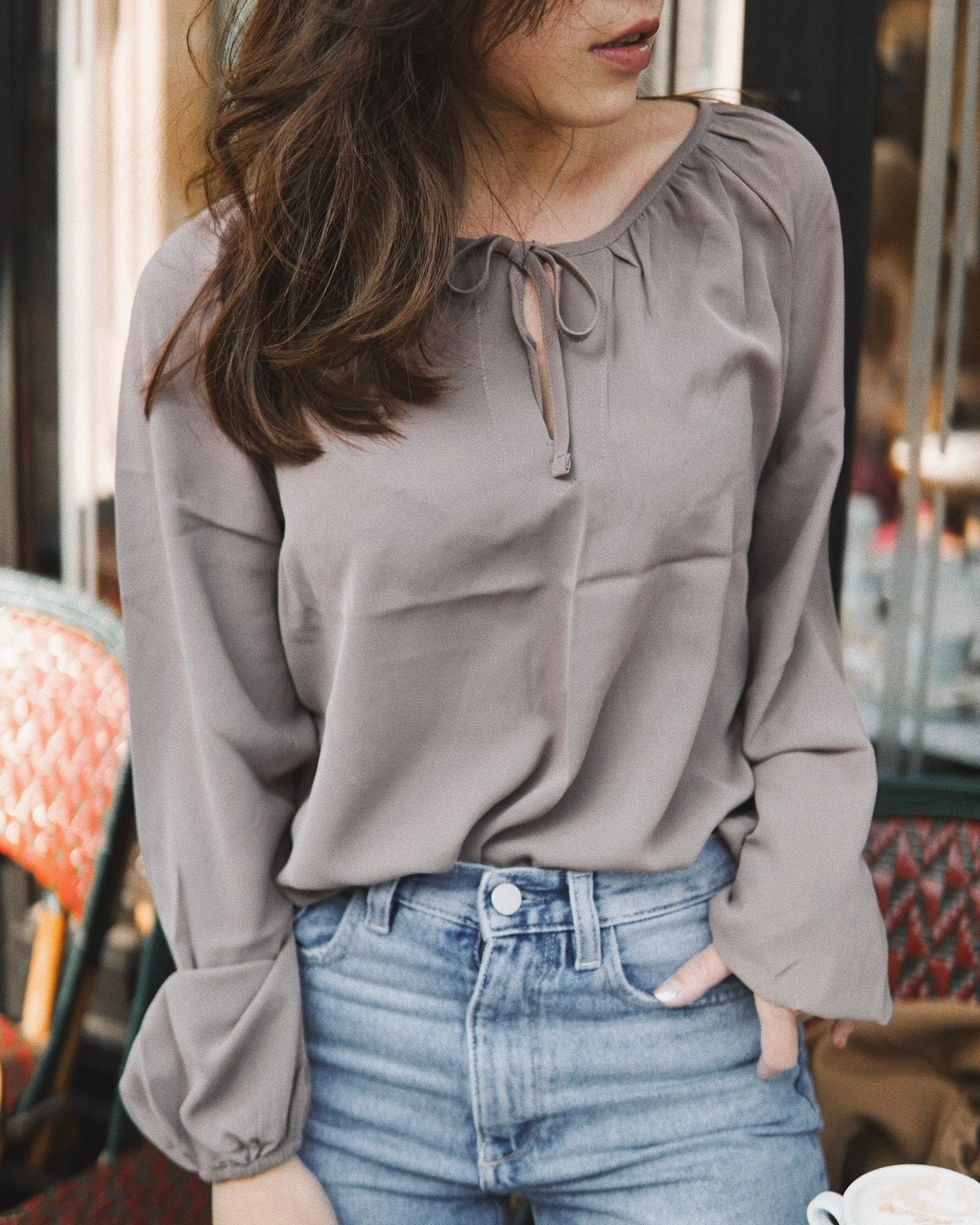 Long-Sleeve Open Neck Top