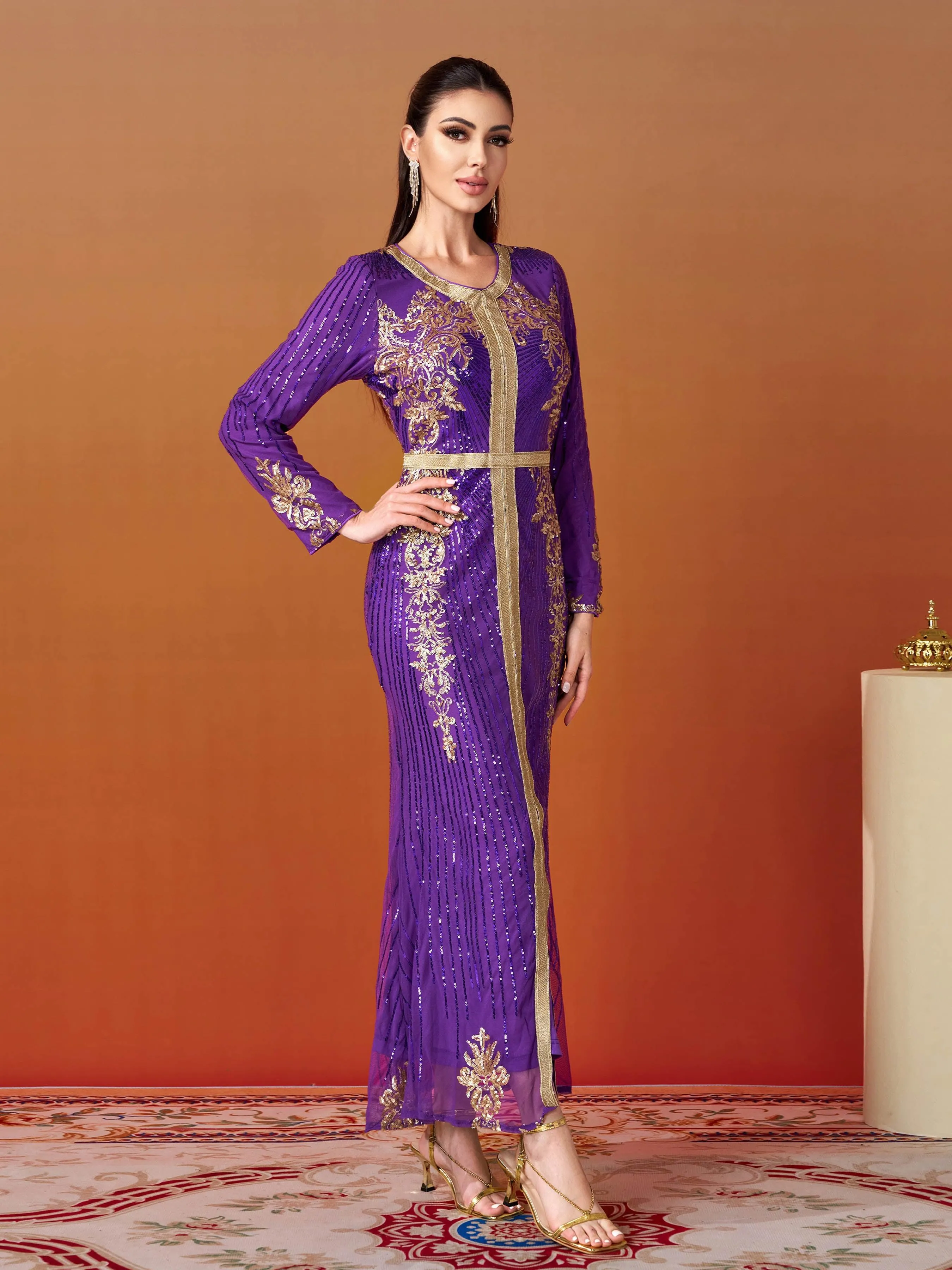 Long Sleeve Purple Sequin Dress ME00326