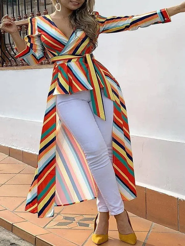 Long-sleeved Evening Dress Skirt Women's Beach Skirt Striped Print Dress