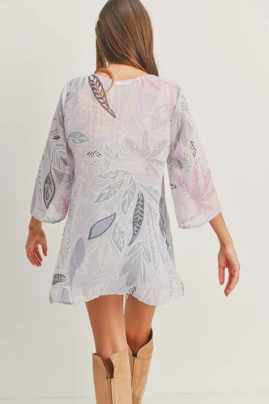 Long Sleeves Lace Up at Neck Printed Woven Top