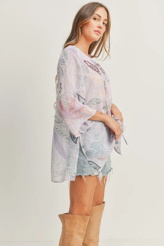 Long Sleeves Lace Up at Neck Printed Woven Top