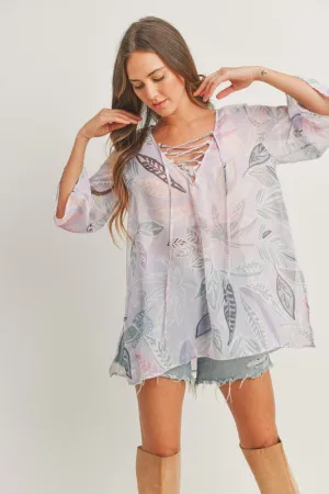 Long Sleeves Lace Up at Neck Printed Woven Top