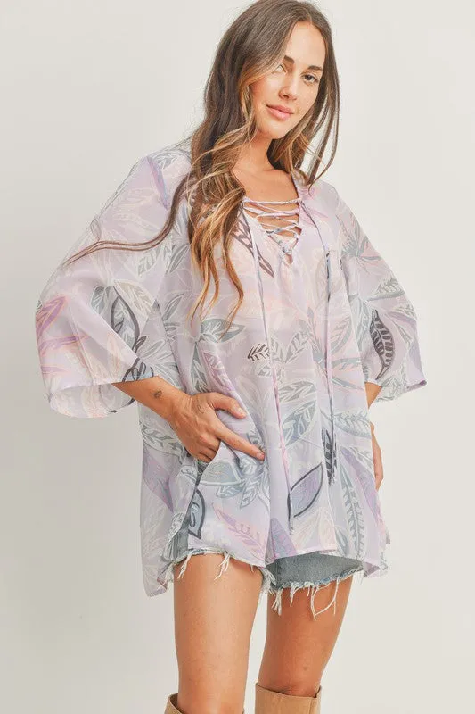 Long Sleeves Lace Up at Neck Printed Woven Top