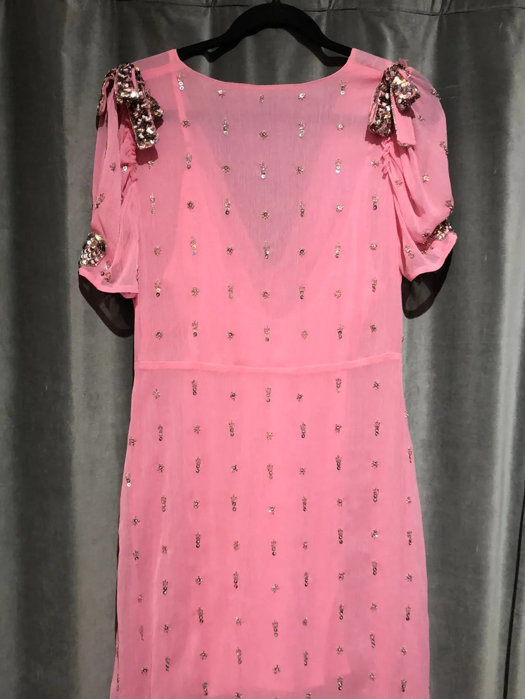 Love Shack Fancy Pink Short Sleeve Sheer Maxi Dress with Crystal and Sequin Accent