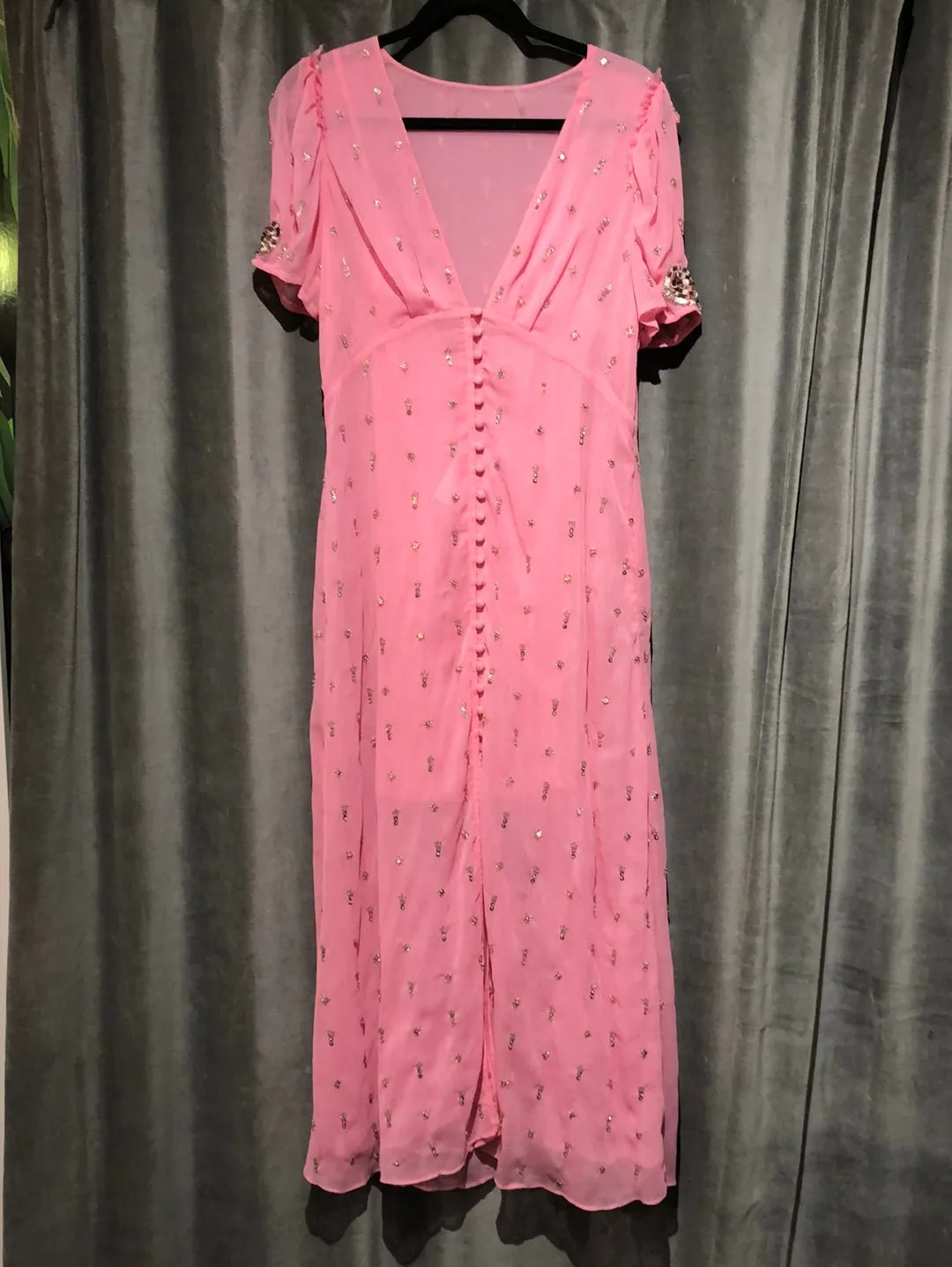 Love Shack Fancy Pink Short Sleeve Sheer Maxi Dress with Crystal and Sequin Accent