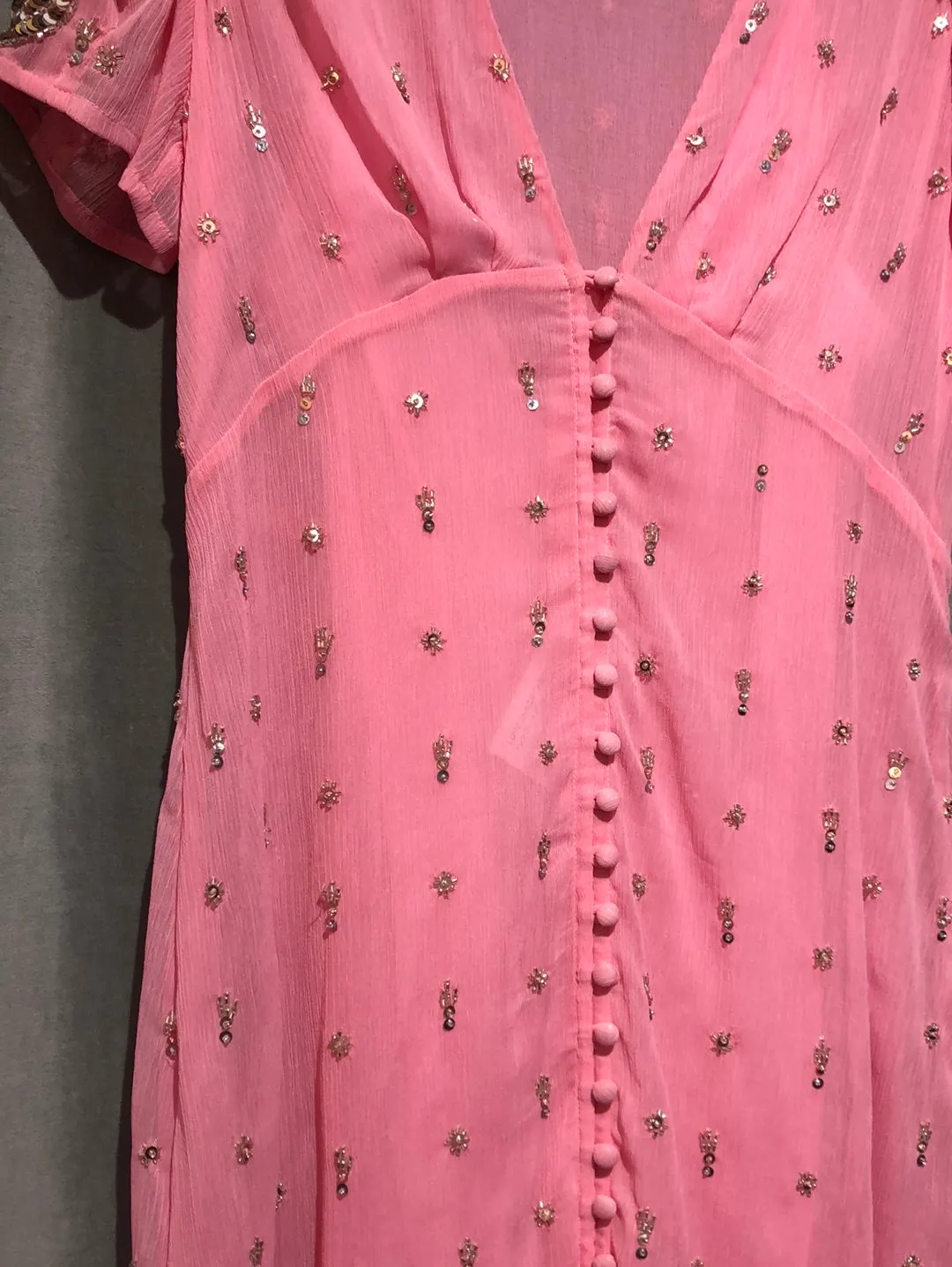 Love Shack Fancy Pink Short Sleeve Sheer Maxi Dress with Crystal and Sequin Accent