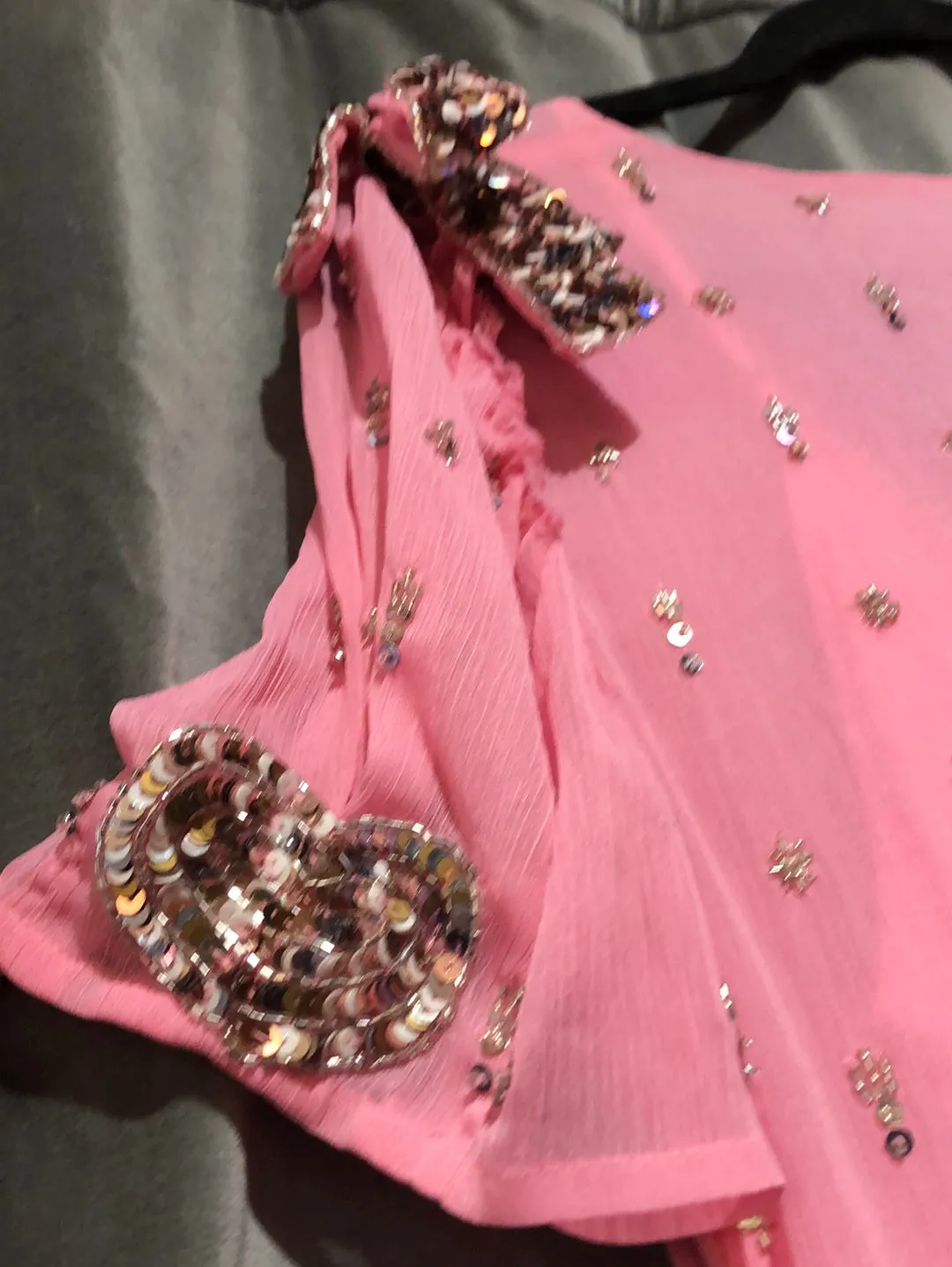 Love Shack Fancy Pink Short Sleeve Sheer Maxi Dress with Crystal and Sequin Accent