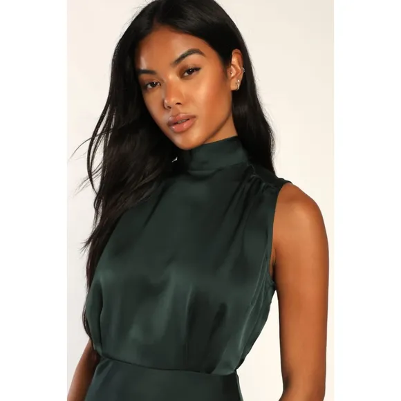Lulus Classic Elegance Green Satin Sleeveless Mock Neck Maxi Dress NWT Size XL
