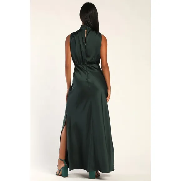 Lulus Classic Elegance Green Satin Sleeveless Mock Neck Maxi Dress NWT Size XL