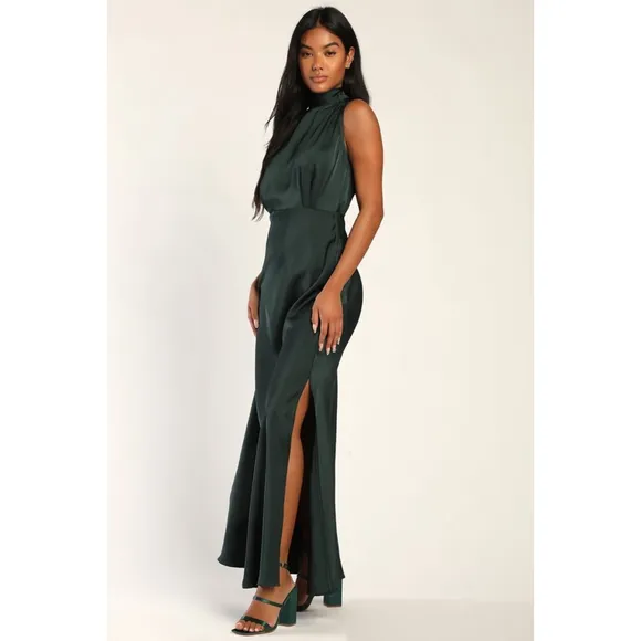 Lulus Classic Elegance Green Satin Sleeveless Mock Neck Maxi Dress NWT Size XL