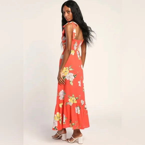 Lulus Forever Floral Orange Floral Print Tie-Strap Slit Maxi Dress Size XL
