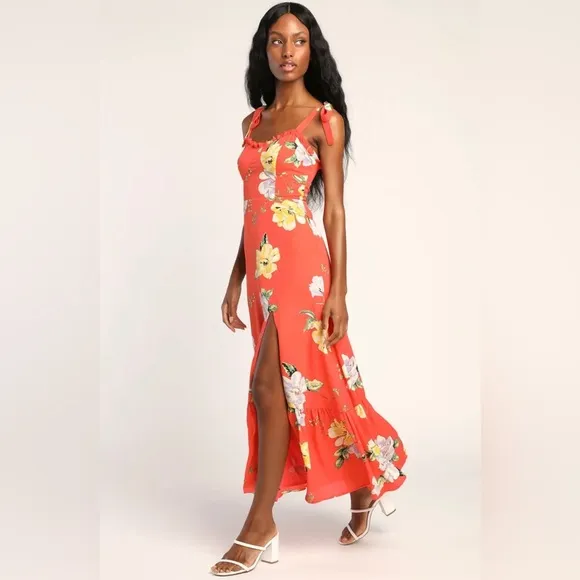 Lulus Forever Floral Orange Floral Print Tie-Strap Slit Maxi Dress Size XL