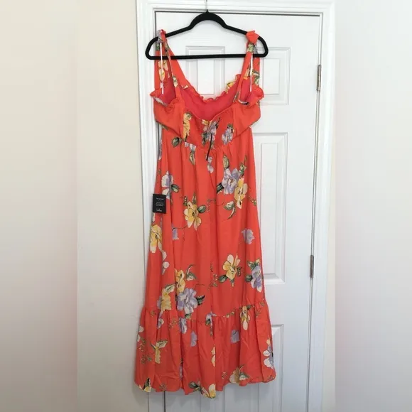 Lulus Forever Floral Orange Floral Print Tie-Strap Slit Maxi Dress Size XL
