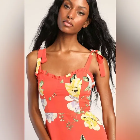 Lulus Forever Floral Orange Floral Print Tie-Strap Slit Maxi Dress Size XL