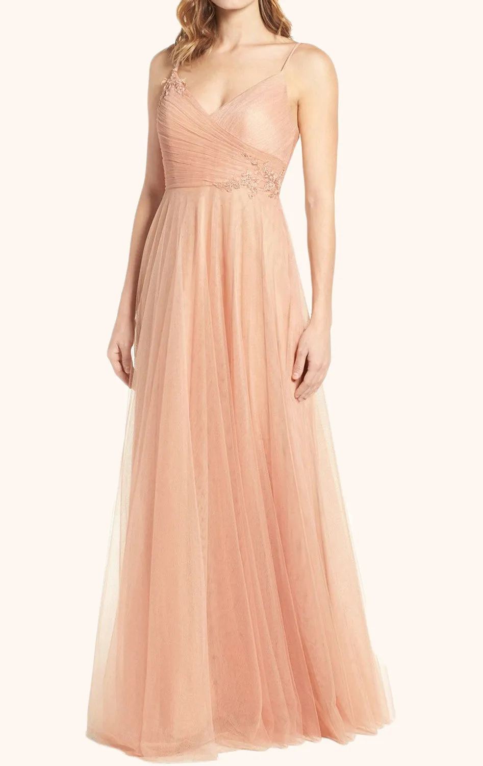 MACloth Straps V Neck Tulle Peach Prom Dress Floor Length Formal Gown