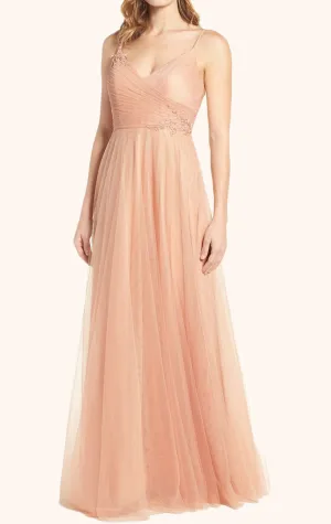 MACloth Straps V Neck Tulle Peach Prom Dress Floor Length Formal Gown