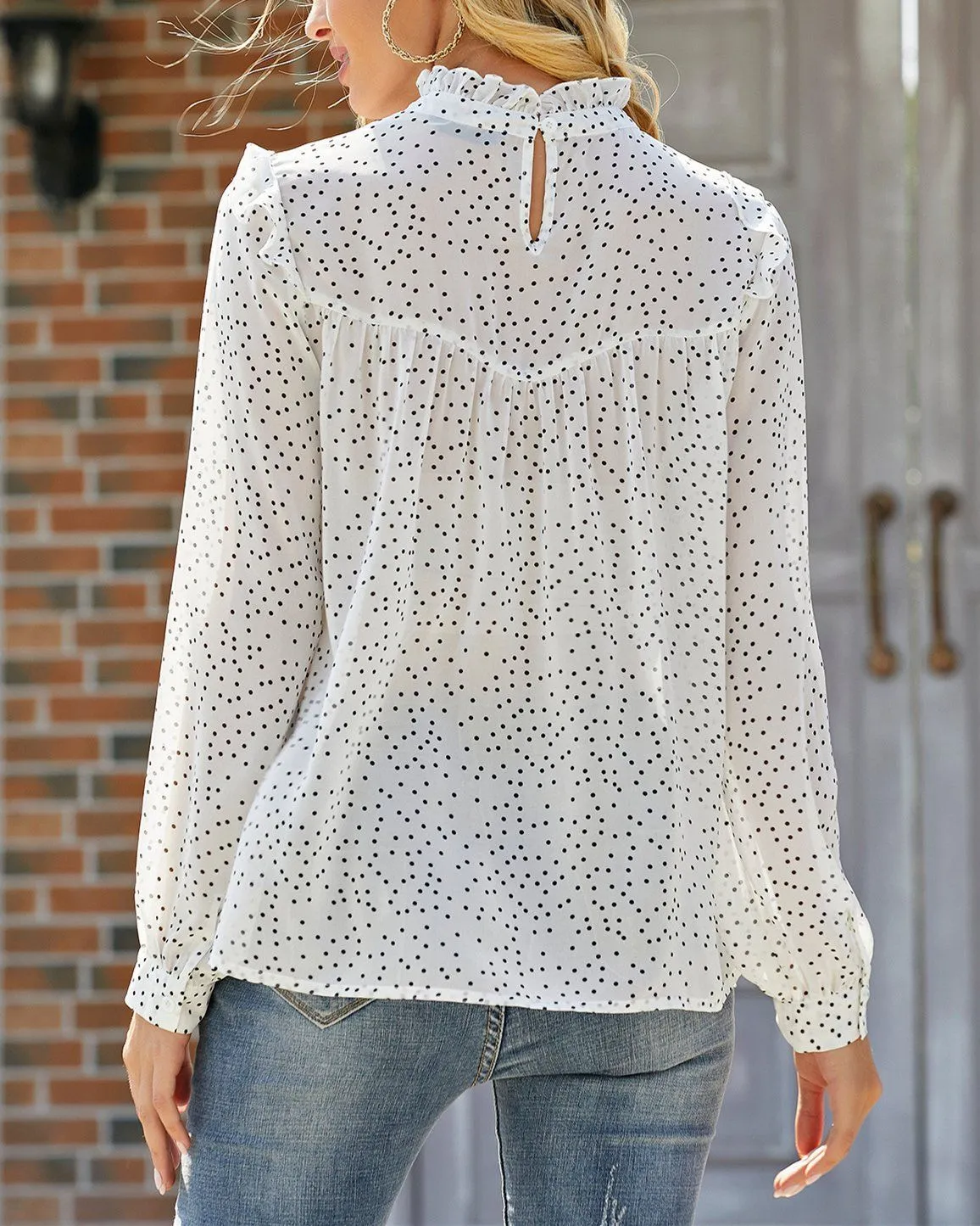 Magical Spot Polka Dot Print Chiffon Pleated Top - White