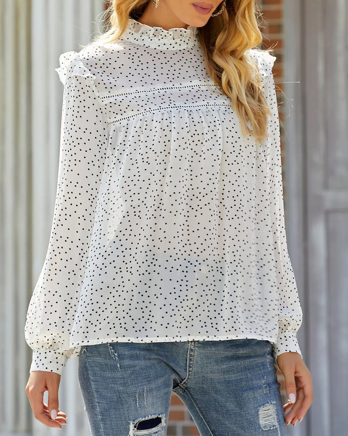 Magical Spot Polka Dot Print Chiffon Pleated Top - White
