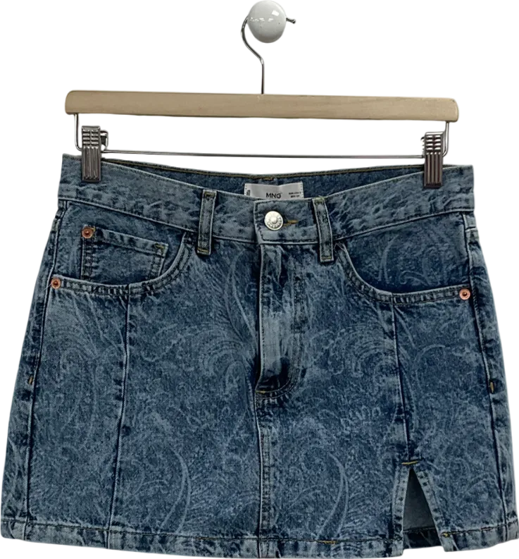 MANGO Blue Paisley Print Denim Mini Skirt UK S