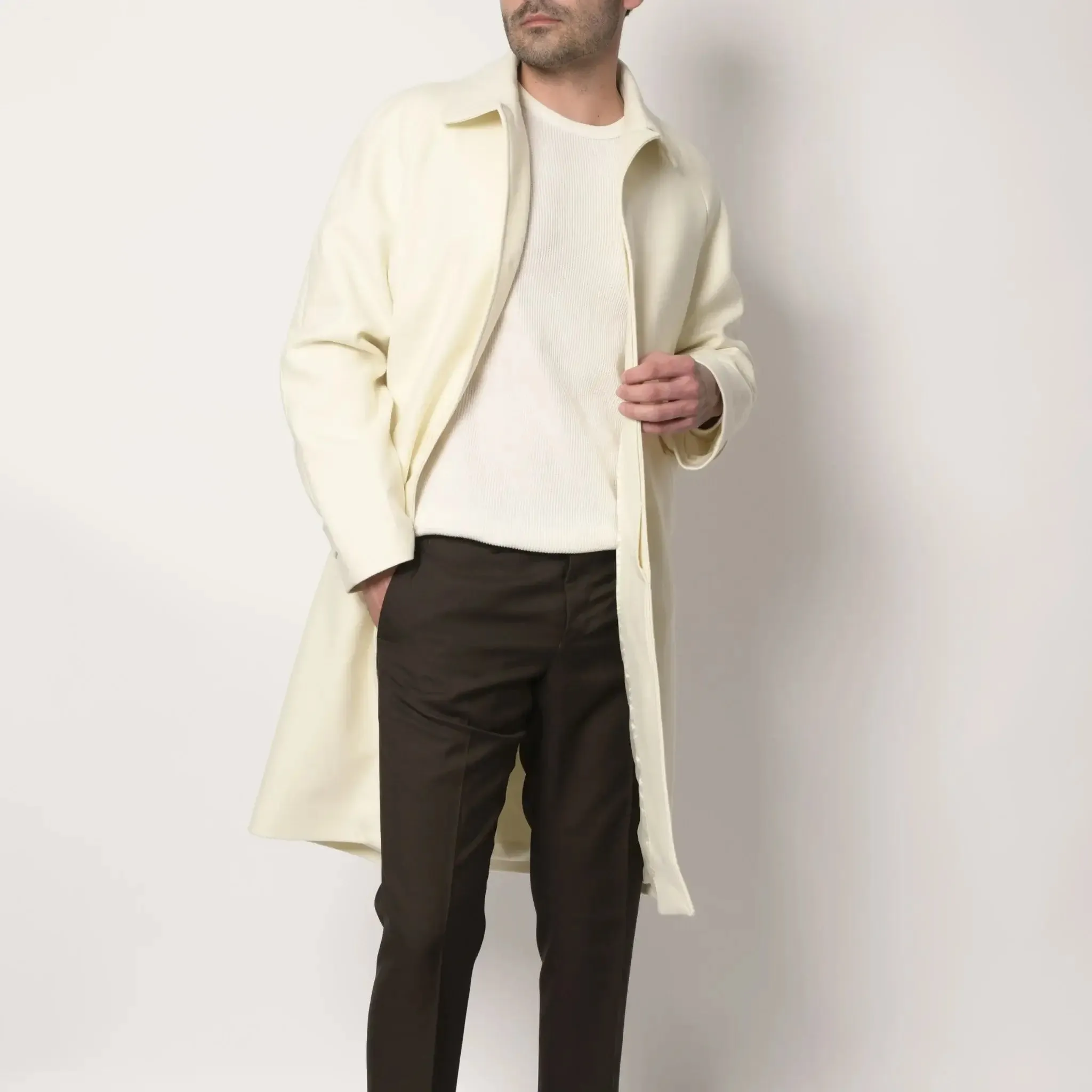 Men's Ivory Cream Italian Wool Winter Overcoat with Detachable Belt