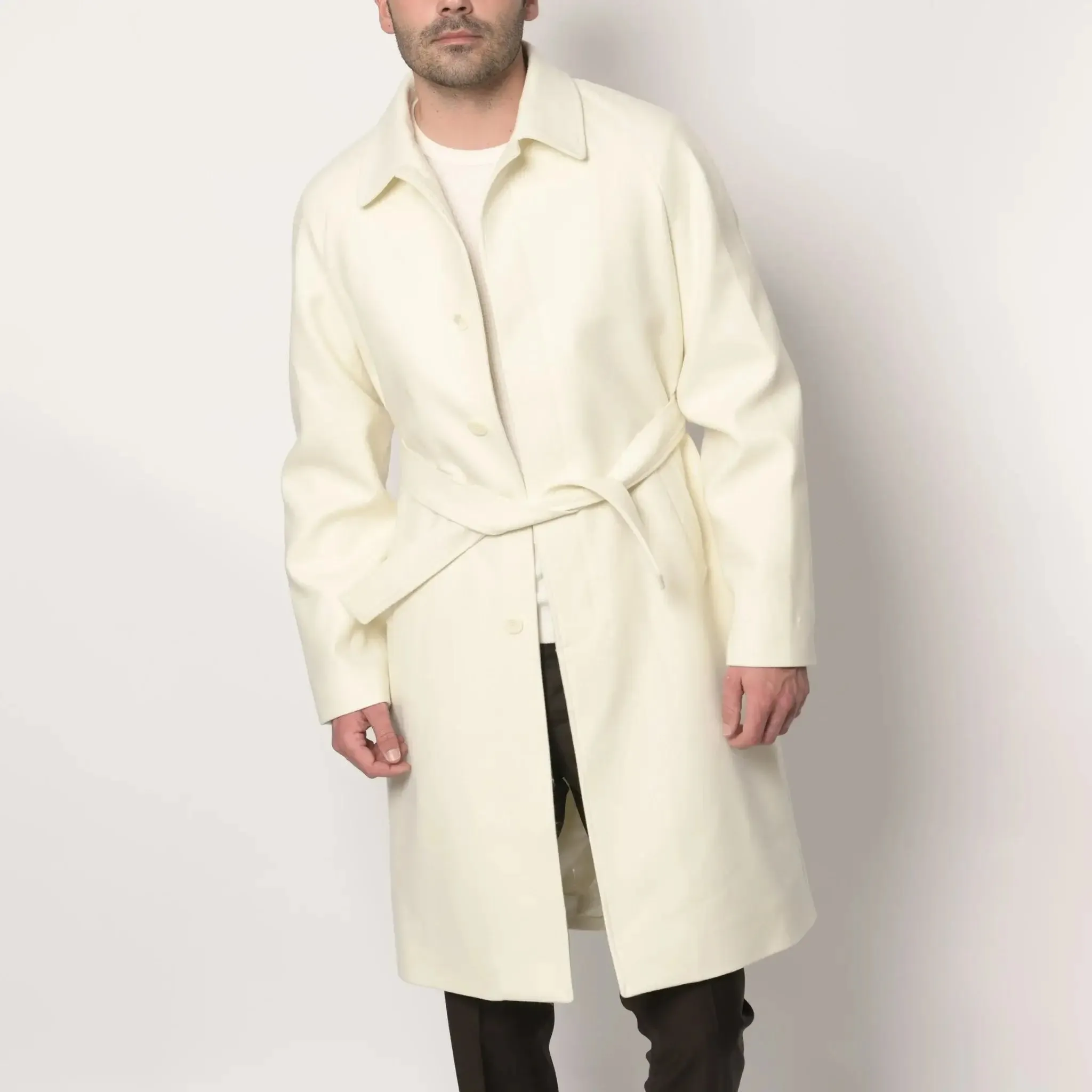 Men's Ivory Cream Italian Wool Winter Overcoat with Detachable Belt