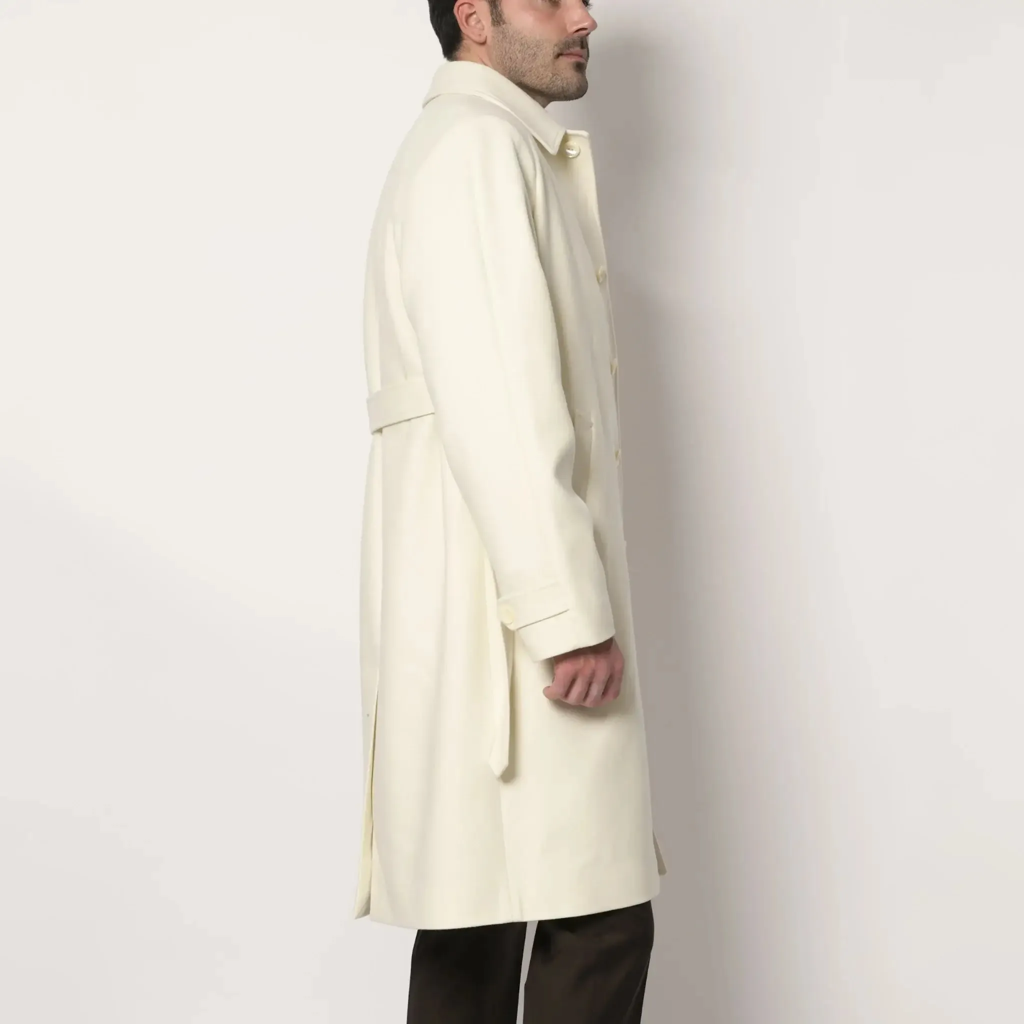 Men's Ivory Cream Italian Wool Winter Overcoat with Detachable Belt