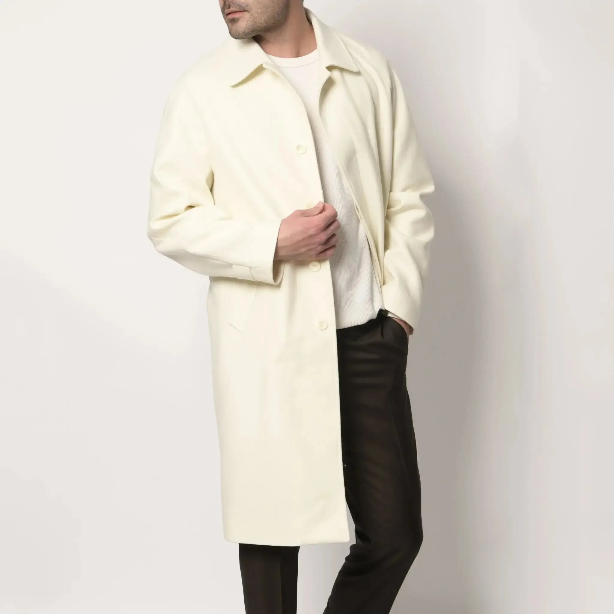 Men's Ivory Cream Italian Wool Winter Overcoat with Detachable Belt