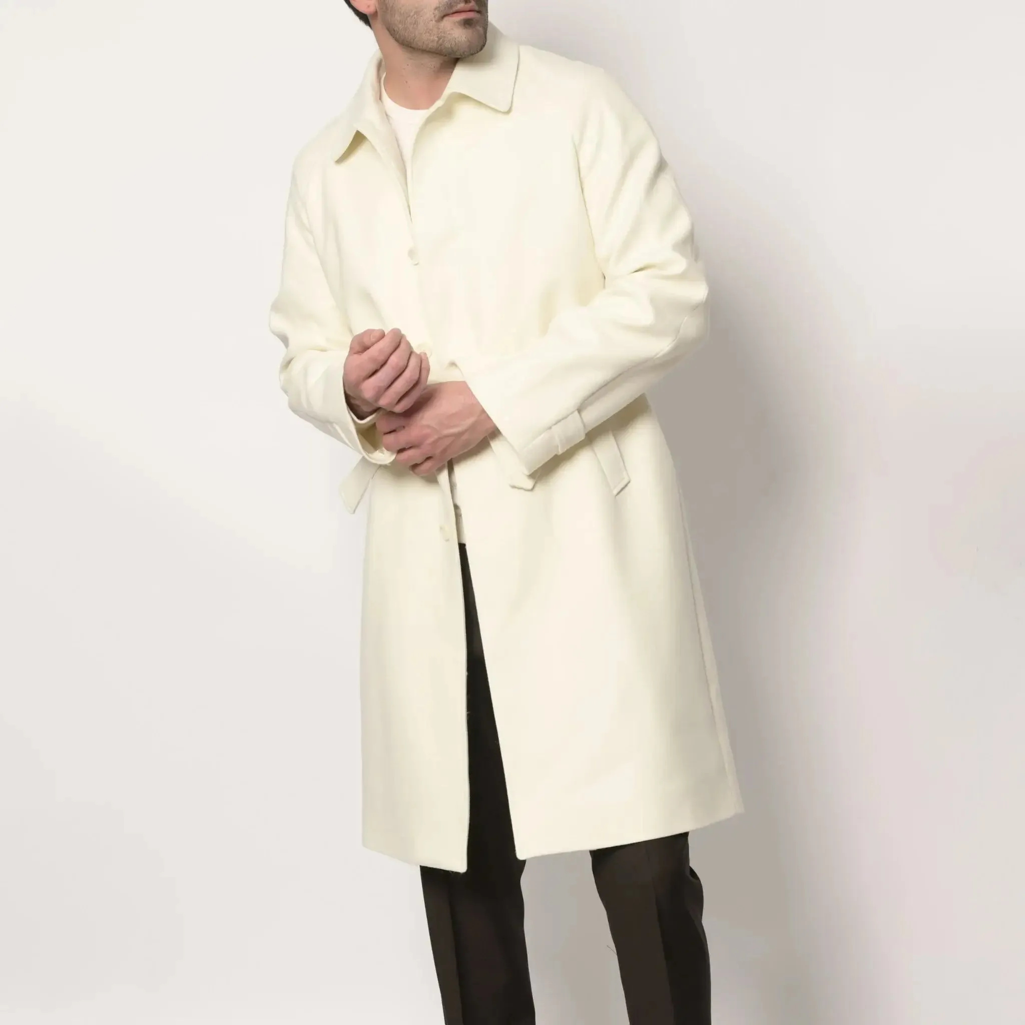 Men's Ivory Cream Italian Wool Winter Overcoat with Detachable Belt