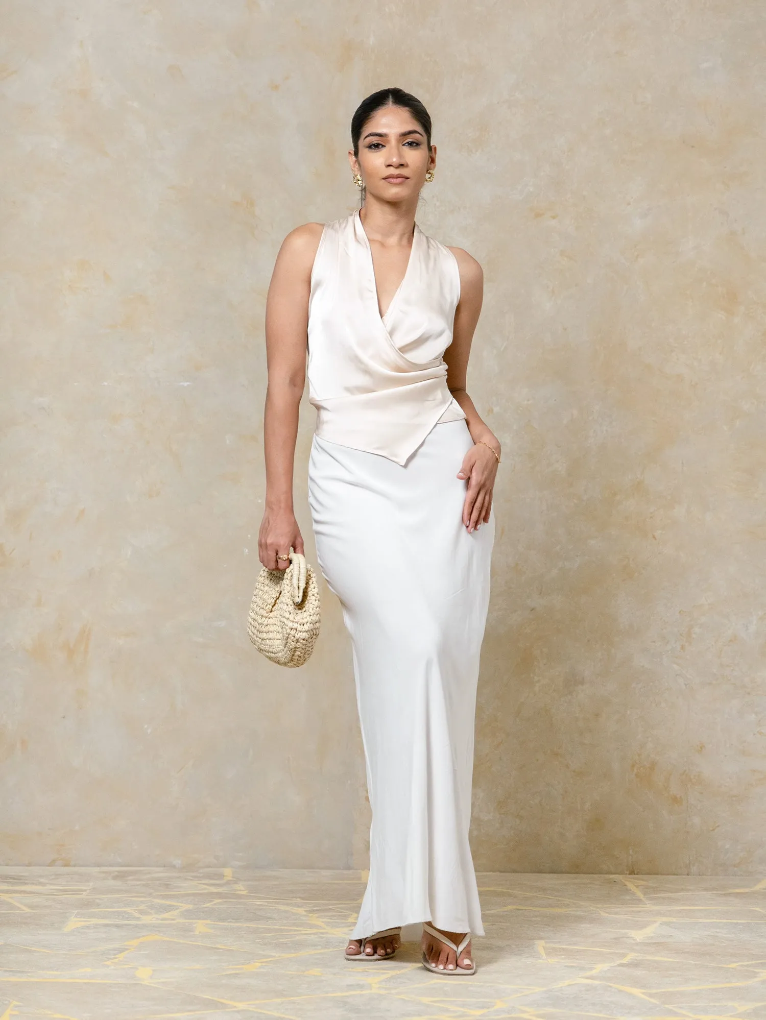 Mock Wrap Detailed Side Ruched Satin Top