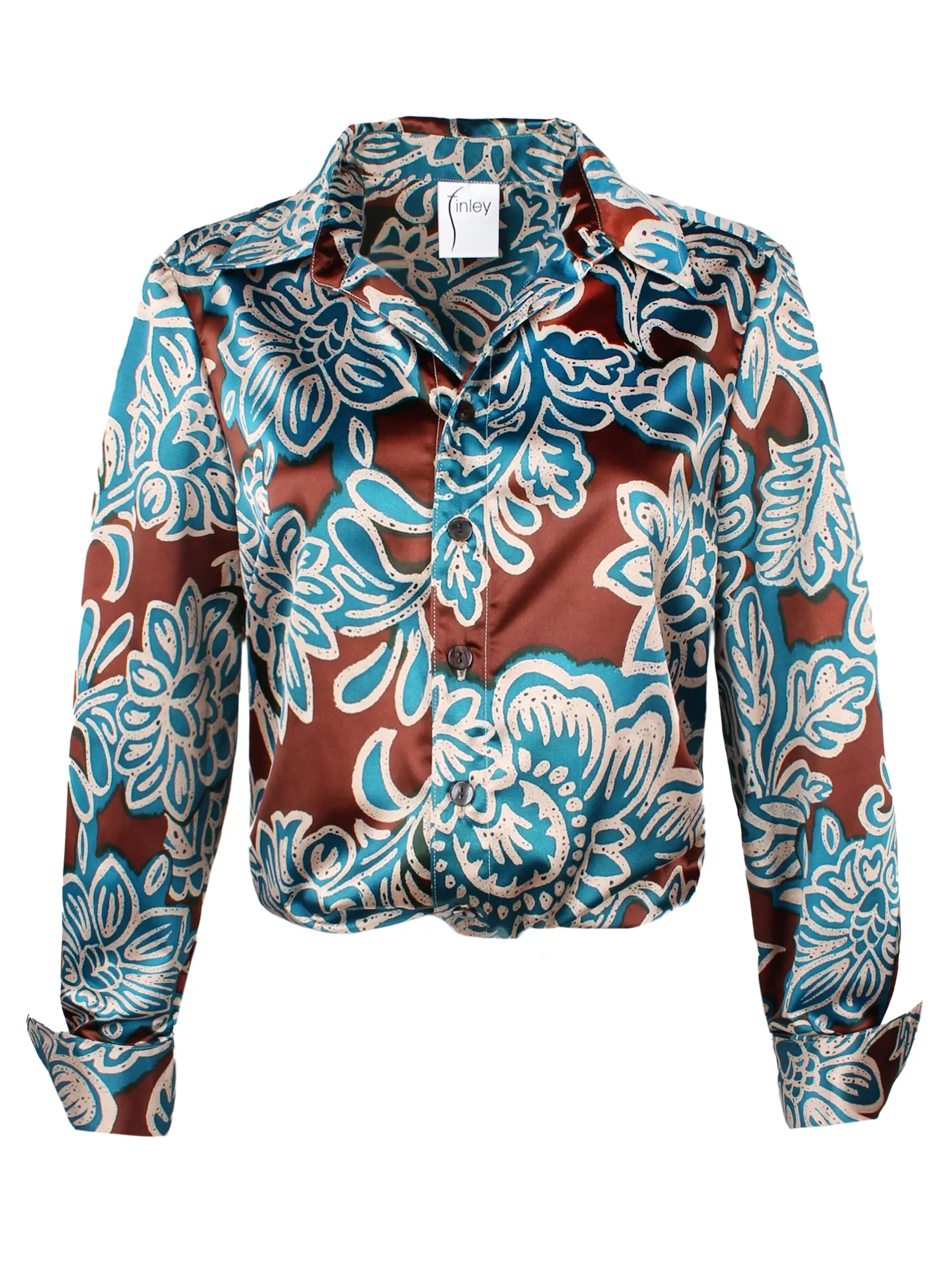 Moxie Floral Satin Popover Shirt, Turquoise & Brown