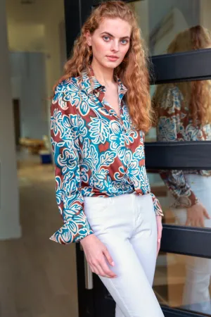 Moxie Floral Satin Popover Shirt, Turquoise & Brown